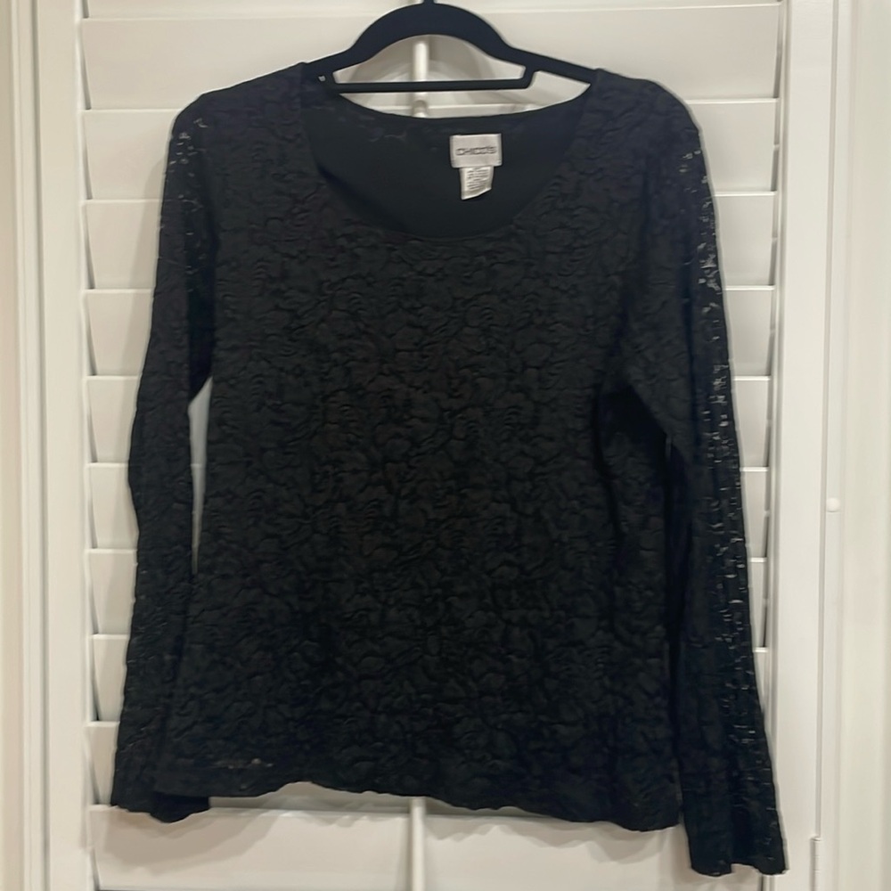 Chico’s Size 2, same as a 12/14, Black Lace Long Sleeve Top.